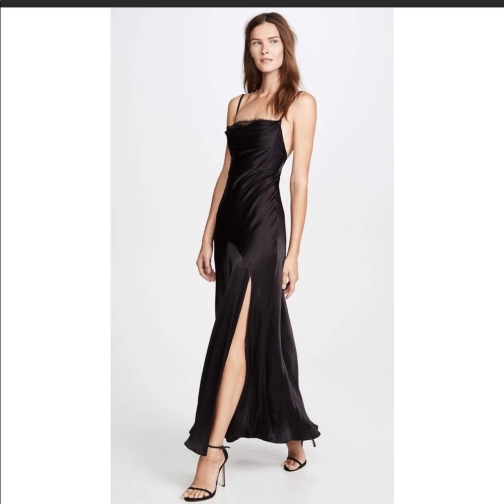 Fame and Partners floor length satin black dress.